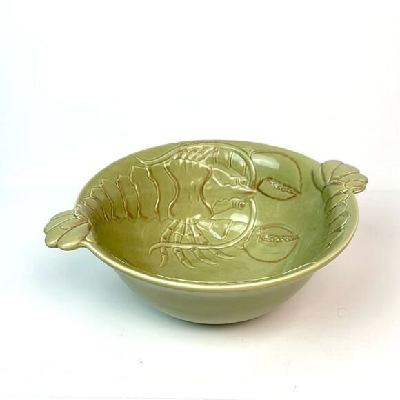 Magenta Pottery Handle Serving Salad Bowl Lobster Design Ceramic Olive Green - Picture 1 of 11